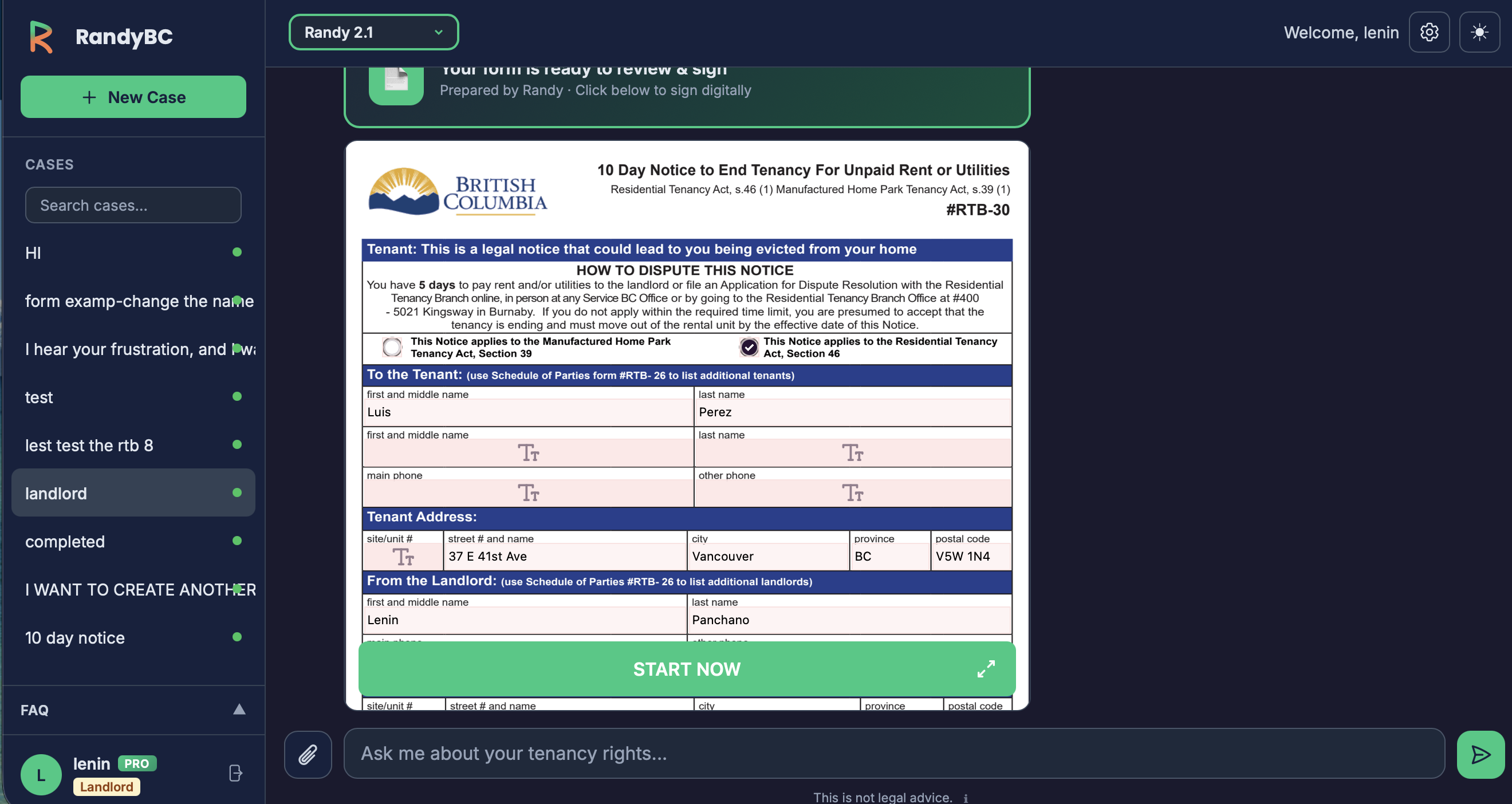 Randy chat showing an RTB-30 form pre-filled with tenant details, ready to review and sign